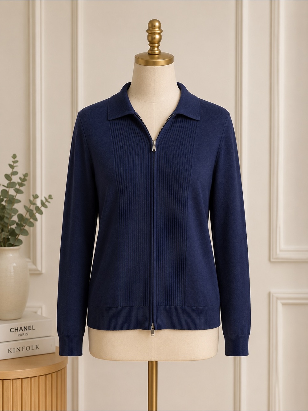 Paul Fredrick Navy Zip-Front Lightweight Knit Jacket